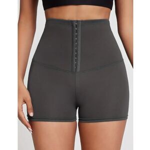 Women's High-Waist Black Shorts Front Buckle, Stretchy Shaper Sauna Shorts - L